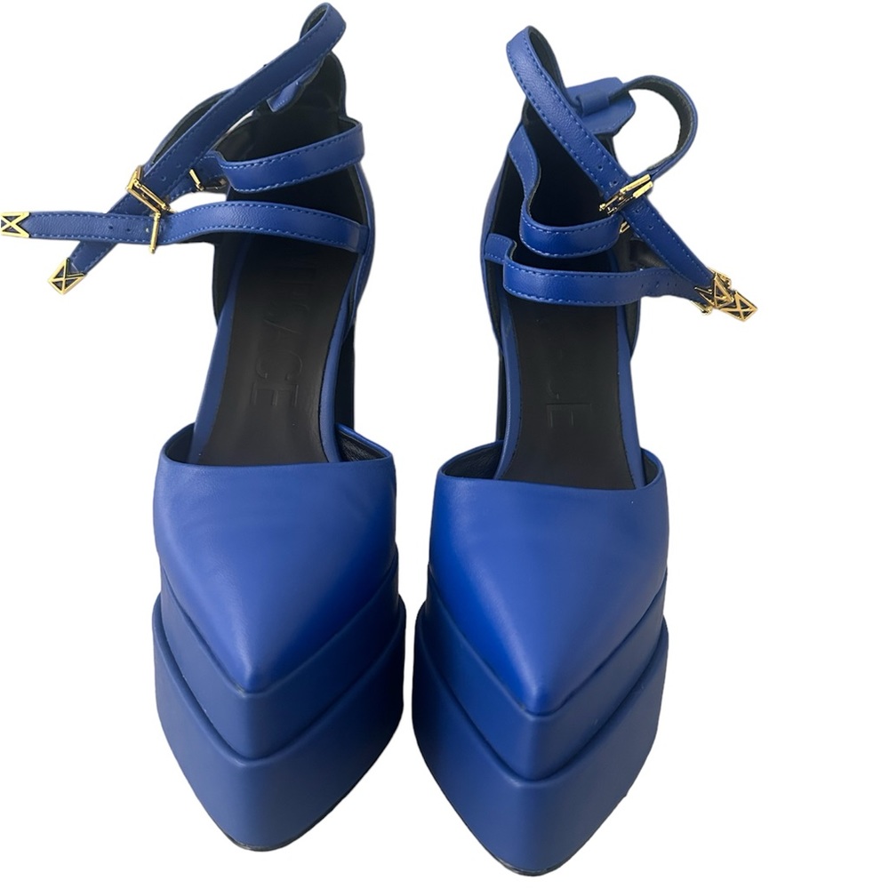 VERSACE D'orsay Leather Platform Strappy Pumps
